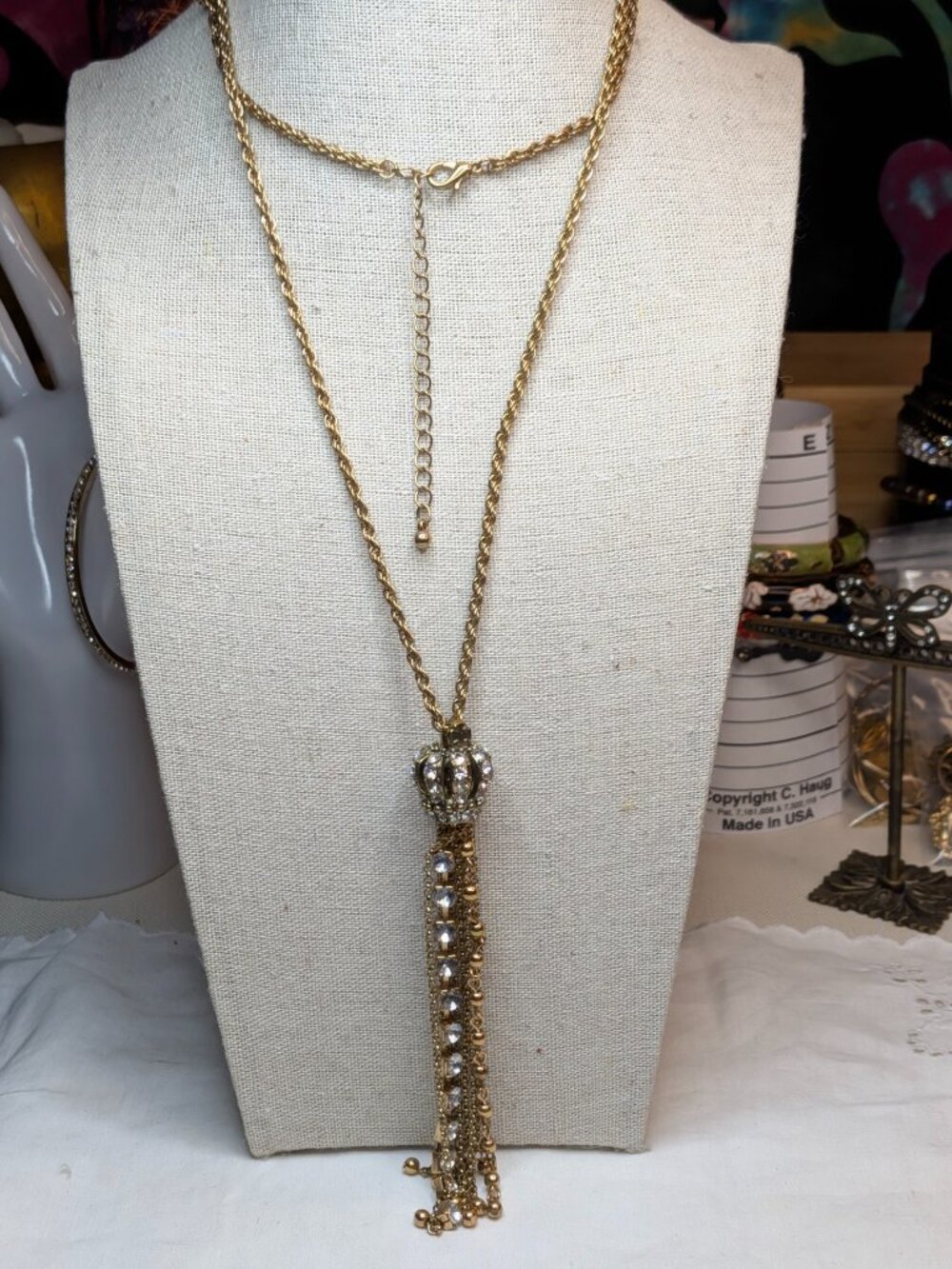 Vintage Gold Tone Rhinestone Crown Tassel Necklace 30"